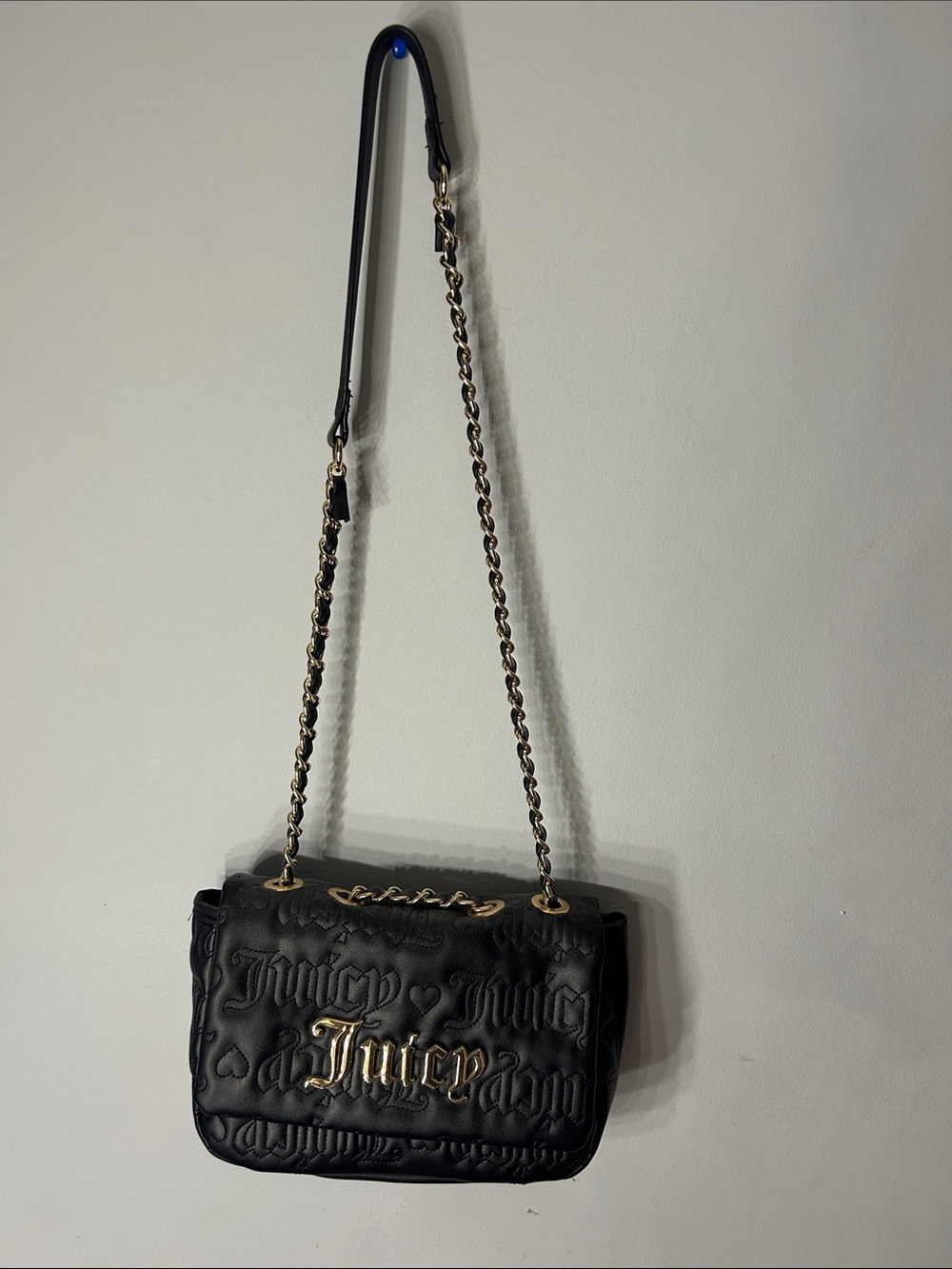 Juicy Couture Black Quilted Logo Shoulder Bag with Gold Chain